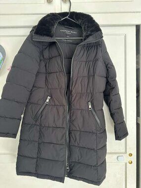 Andrew Marc Black Quilted Long Puffer Coat with Hood (Black, Medium)